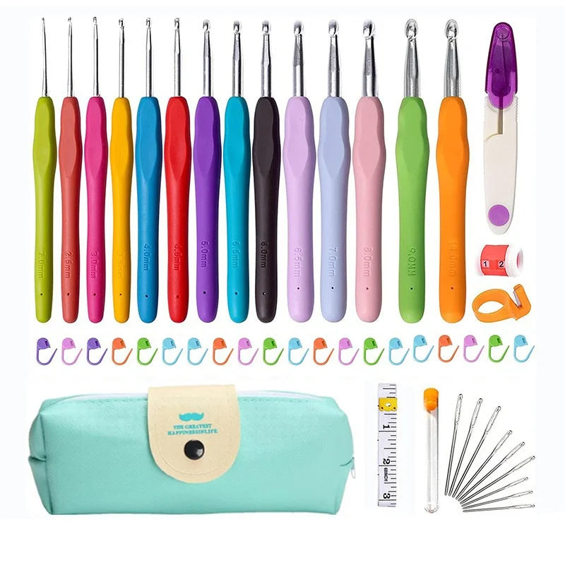 Kit de agujas de crochet con bolsa, aguja roma de acero de ojo grande, marcadores y accesorios de costura a mano
