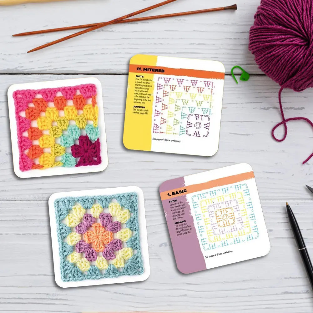 50 tarjetas de crochet (en INGLÉS), juego de patrones de tejido, baraja de cartas Granny Square para principiantes