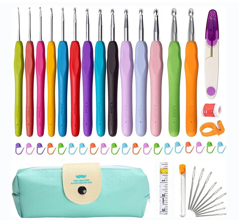 Kit de agujas de crochet con bolsa, aguja roma de acero de ojo grande, marcadores y accesorios de costura a mano