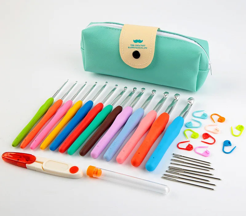 Kit de agujas de crochet con bolsa, aguja roma de acero de ojo grande, marcadores y accesorios de costura a mano
