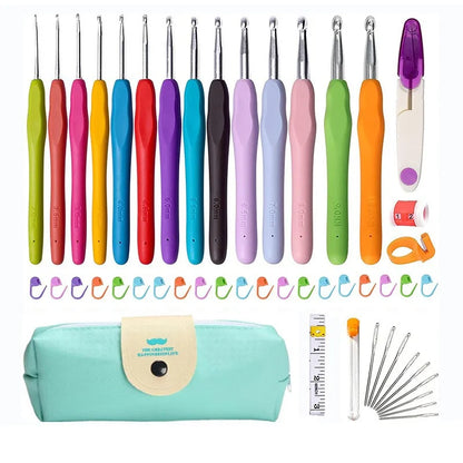 Kit de agujas de crochet con bolsa, aguja roma de acero de ojo grande, marcadores y accesorios de costura a mano