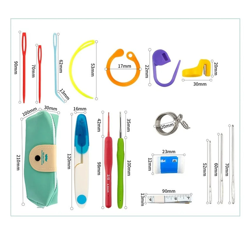 Kit de agujas de crochet con bolsa, aguja roma de acero de ojo grande, marcadores y accesorios de costura a mano