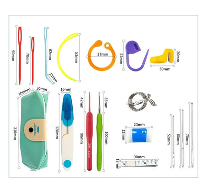 Kit de agujas de crochet con bolsa, aguja roma de acero de ojo grande, marcadores y accesorios de costura a mano